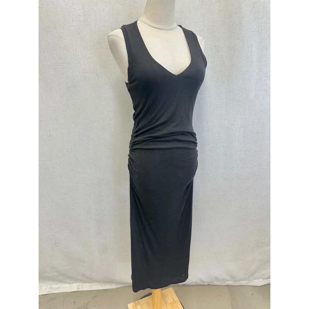 James Perse Tencel Solid Black Ruched Midi Dress Womens Size 3 Minimalist LBD